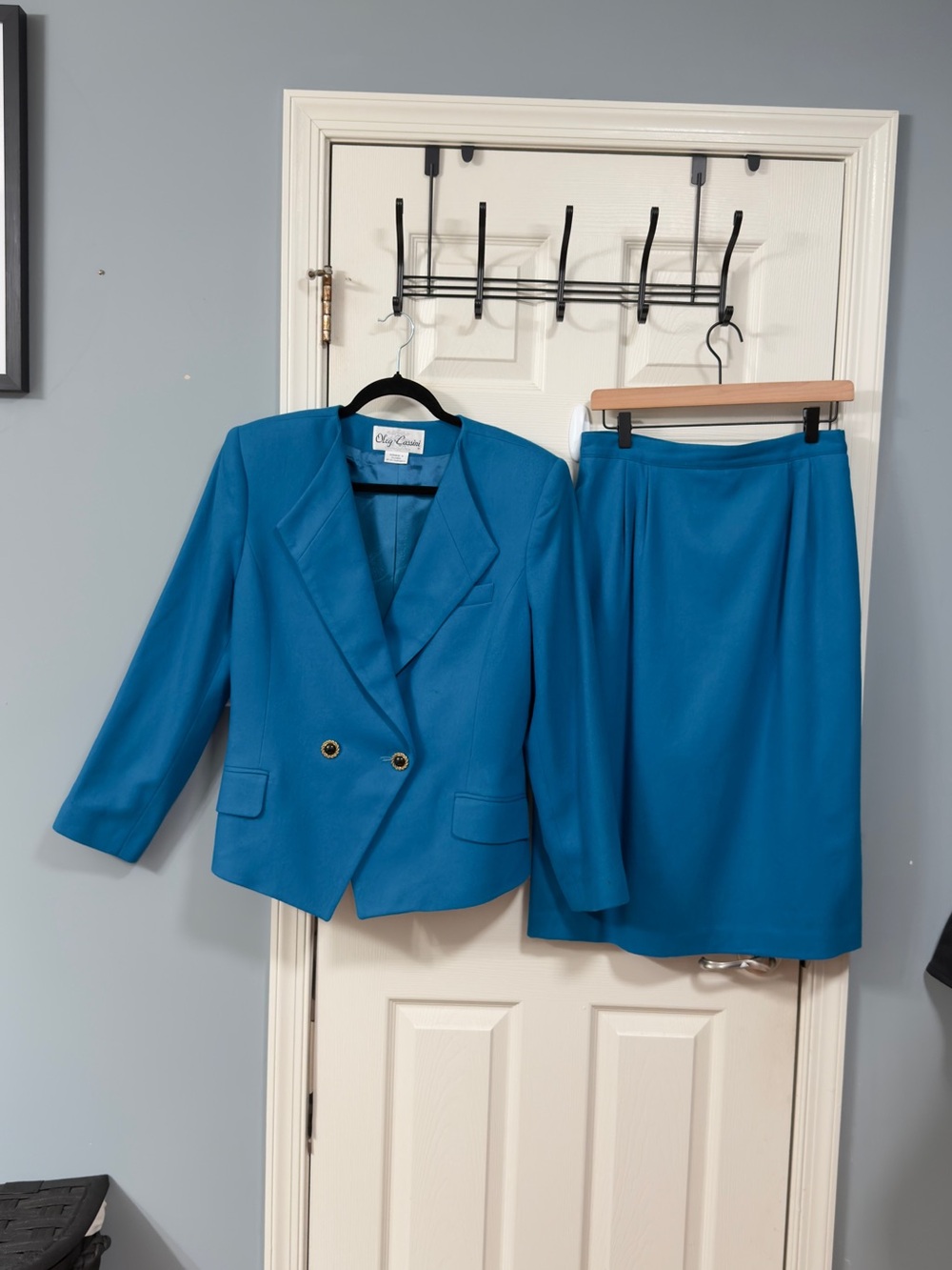 Oleg Cassini Teal Double-Breasted Blazer & Skirt